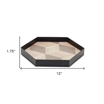 Set of Three Natural and Black Hexagon Iron Serving Tray