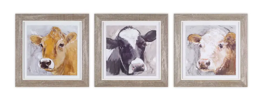 Set of Three Brown Cow Wood Square Framed Art