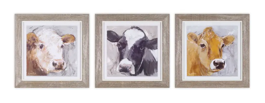 Set of Three Brown Cow Wood Square Framed Art