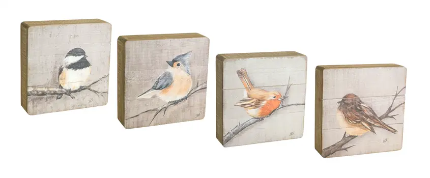 Set of Four Brown Bird Solid Wood Square Framed Art