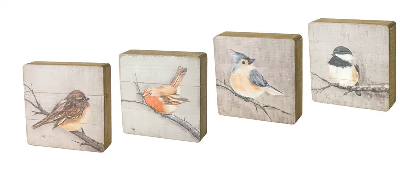 Set of Four Brown Bird Solid Wood Square Framed Art