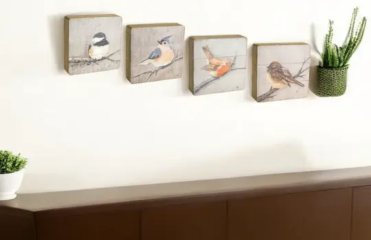 Set of Four Brown Bird Solid Wood Square Framed Art