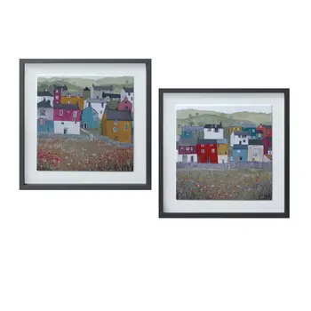 Set of Two Gray Green And Yellow Wood Square Framed Art