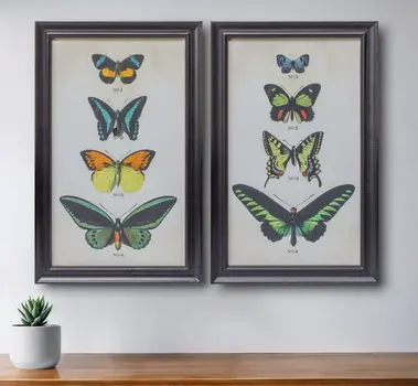 Set of Two Black Blue And Green Butterfly Solid Wood Framed Art