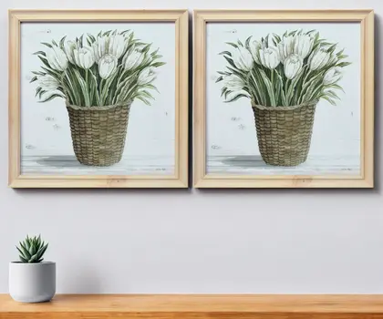 Set of Two Natural And Green Bouquet Floral Solid Wood Square Framed Art