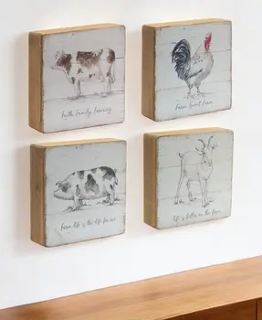 Set of Four White And Natural Farm Animals Wood Square Framed Art