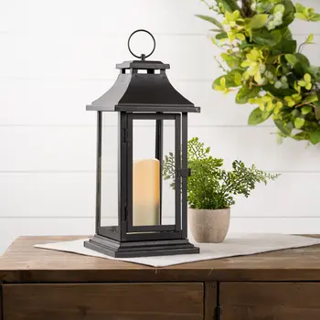Set of Two Black Distressed Plastic Floor Lantern Candle Holders With Candle