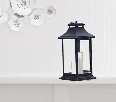 Set of Two Black Distressed Plastic Floor Lantern Candle Holders With Candle