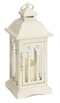Set of Two Ivory Distressed Ornate Metal And Glass Tabletop Lantern Candle Holders With Candle