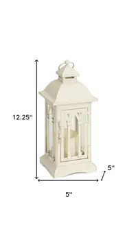 Set of Two Ivory Distressed Ornate Metal And Glass Tabletop Lantern Candle Holders With Candle