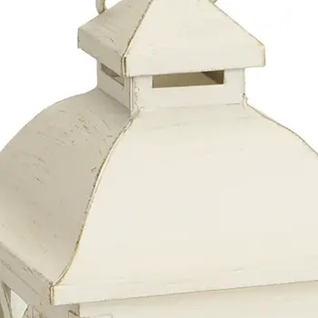 Set of Two Ivory Distressed Ornate Metal And Glass Tabletop Lantern Candle Holders With Candle