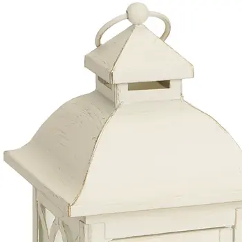 Set of Two Ivory Distressed Ornate Metal And Glass Tabletop Lantern Candle Holders With Candle