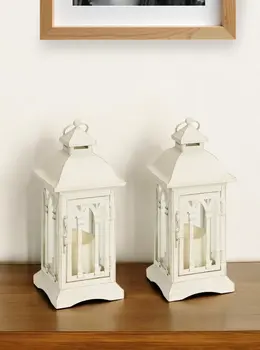 Set of Two Ivory Distressed Ornate Metal And Glass Tabletop Lantern Candle Holders With Candle
