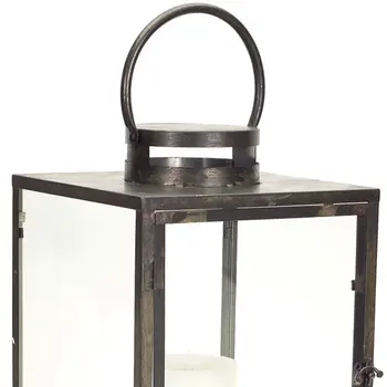 Set of Three Gray And Brown Distressed Geometric Glass Metal And Wood Floor Lantern Candle Holders