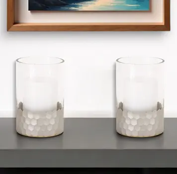 Set of Two Clear and Silver Glass Geometric Tabletop Pillar Candle Holders