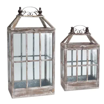 Set of Two White Distressed Wood And Glass Floor Lantern Candle Holders