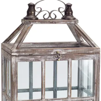 Set of Two White Distressed Wood And Glass Floor Lantern Candle Holders