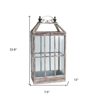 Set of Two White Distressed Wood And Glass Floor Lantern Candle Holders