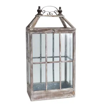 Set of Two White Distressed Wood And Glass Floor Lantern Candle Holders