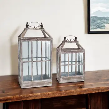 Set of Two White Distressed Wood And Glass Floor Lantern Candle Holders