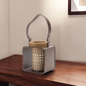 7" Natural And Brown Distressed Lattice Iron And Wood Tabletop Lantern Candle Holder