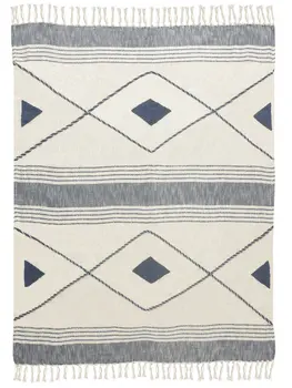 60" X 50" Blue and Off White Woven Cotton Striped Throw Blanket with Fringe