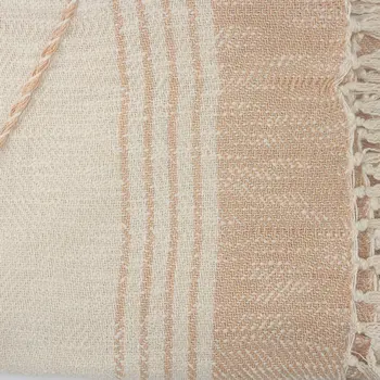 60" X 50" Beige Woven Cotton Striped Throw Blanket with Fringe