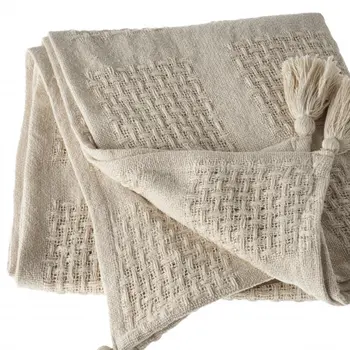 50" X 60" Cream Cotton Woven Throw Blanket with Tassels
