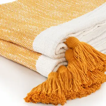 50" X 60" Yellow Woven Cotton Striped Throw Blanket with Tassels