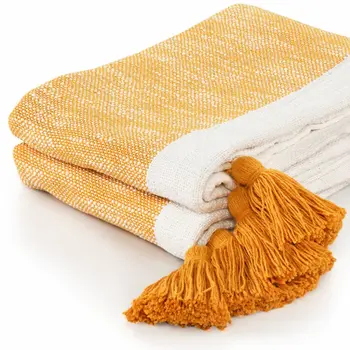 50" X 60" Yellow Woven Cotton Striped Throw Blanket with Tassels