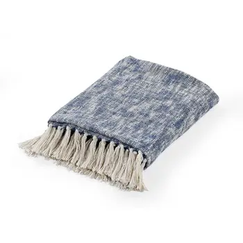 50" X 60" Blue and White Woven Cotton Throw Blanket with Fringe