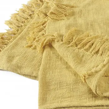60" X 50" Yellow Woven Cotton Throw Blanket with Fringe