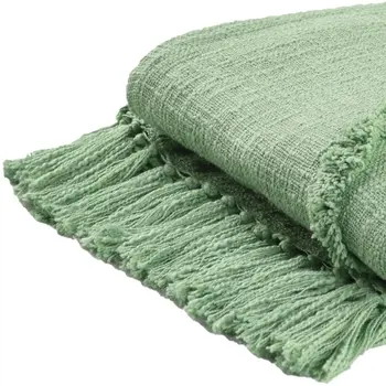 50" X 60" Green Woven Cotton Throw Blanket with Fringe