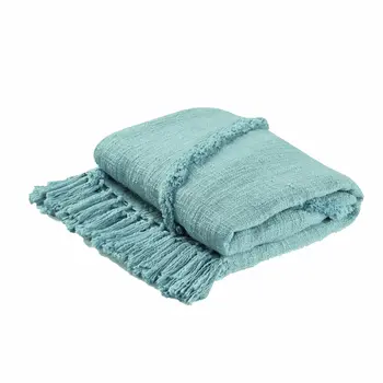 60" X 50" Blue Woven Cotton Throw Blanket with Fringe