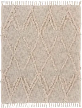 60" X 50" Beige Woven Cotton Geometric Throw Blanket with Fringe
