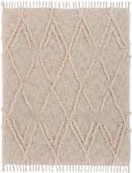 60" X 50" Beige Woven Cotton Geometric Throw Blanket with Fringe