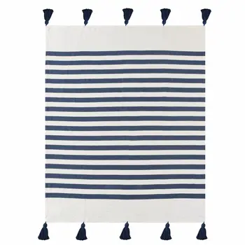 50" X 60" Blue and White Woven Cotton Striped Throw Blanket with Tassels