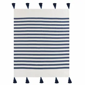 50" X 60" Blue and White Woven Cotton Striped Throw Blanket with Tassels