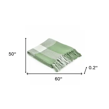 50" X 60" Green Woven Cotton Checkered Throw Blanket with Fringe