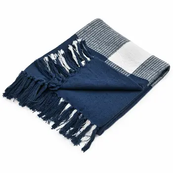 50" X 60" Blue and White Woven Cotton Checkered Throw Blanket with Fringe