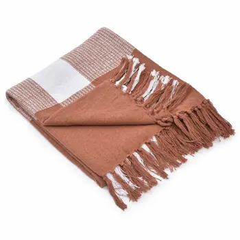 50" X 60" Brown and White Woven Cotton Checkered Throw Blanket with Fringe
