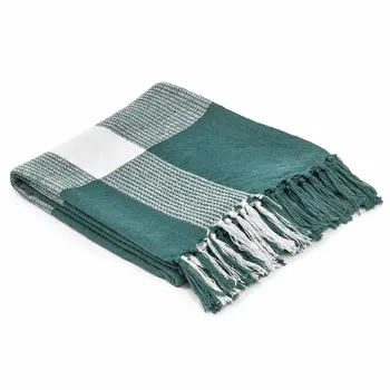 50" X 60" Green Woven Cotton Checkered Throw Blanket with Fringe