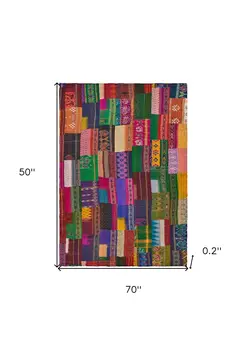 70" X 50" Blue and Green Kantha Silk Patchwork Throw Blanket with Embroidery