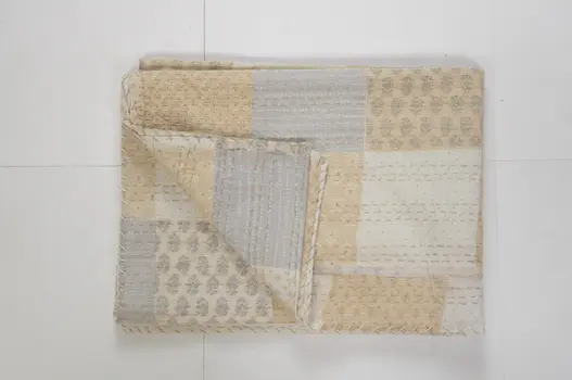 70" X 50" Beige Kantha Cotton Patchwork Throw Blanket with Embroidery