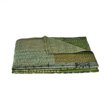 70" X 50" Green Kantha Silk Patchwork Throw Blanket with Embroidery