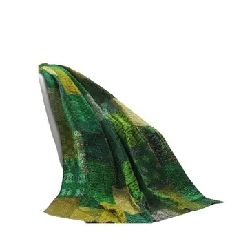70" X 50" Green Kantha Silk Patchwork Throw Blanket with Embroidery