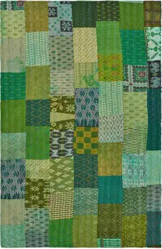 70" X 50" Green Kantha Silk Patchwork Throw Blanket with Embroidery