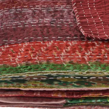 70" X 50" Red Kantha Silk Patchwork Throw Blanket with Embroidery