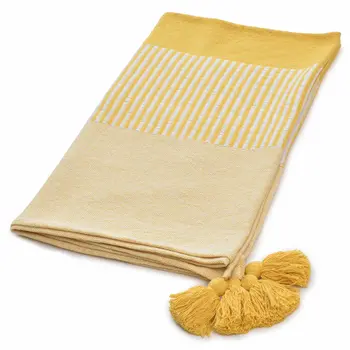 50" X 60" Yellow Woven Cotton Striped Throw Blanket with Tassels