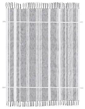 50" X 60" Gray and White Kantha Cotton Striped Throw Blanket with Embroidery